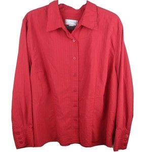 C. J. Banks Women's 2X Button Front Blouse Top Red Pin Stripe Long Cuff Sleeve